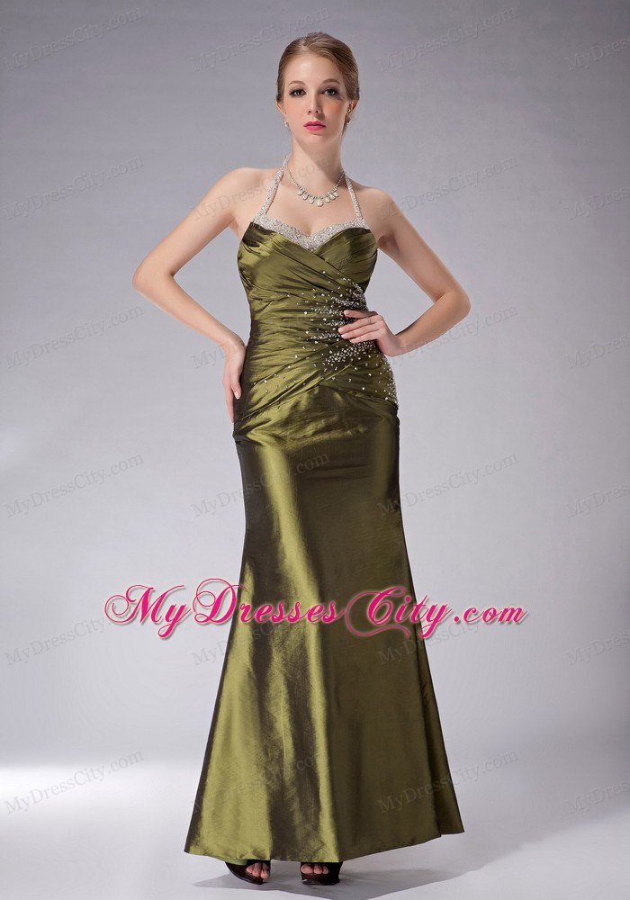 Olive Green Beaded Halter Ankle-length Ruched Mother Of The Bride Dress