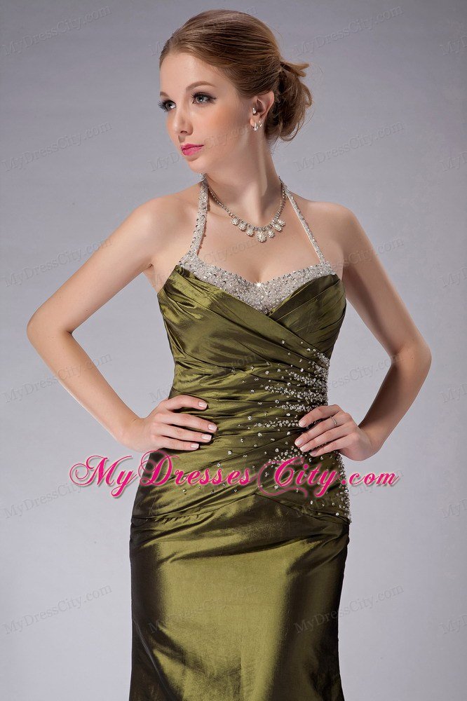 Olive Green Beaded Halter Ankle-length Ruched Mother Of The Bride Dress