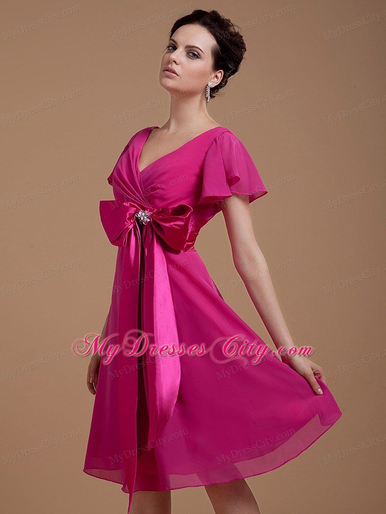 Hot Pink Mother Dress With Bowknot Short Sleeves Kneelength