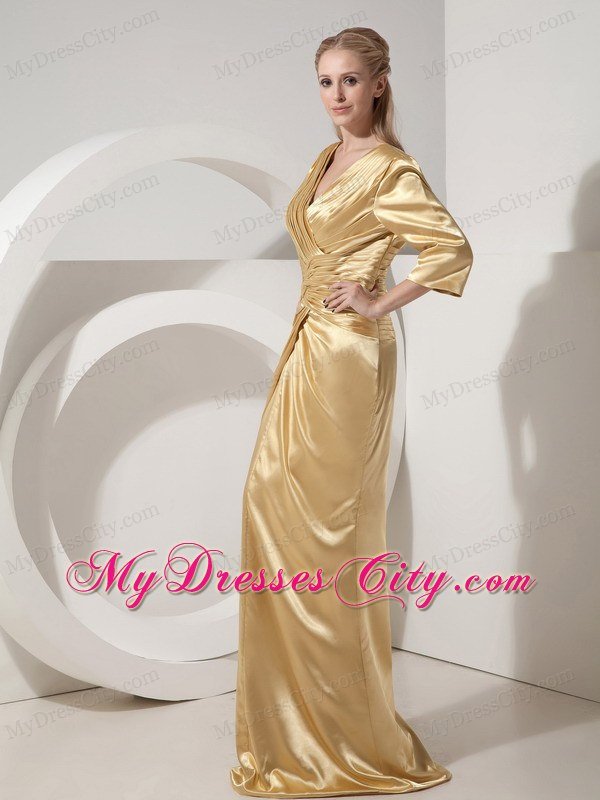 Gold Column Ruching V-neck Brush Train Taffeta Mother Dress