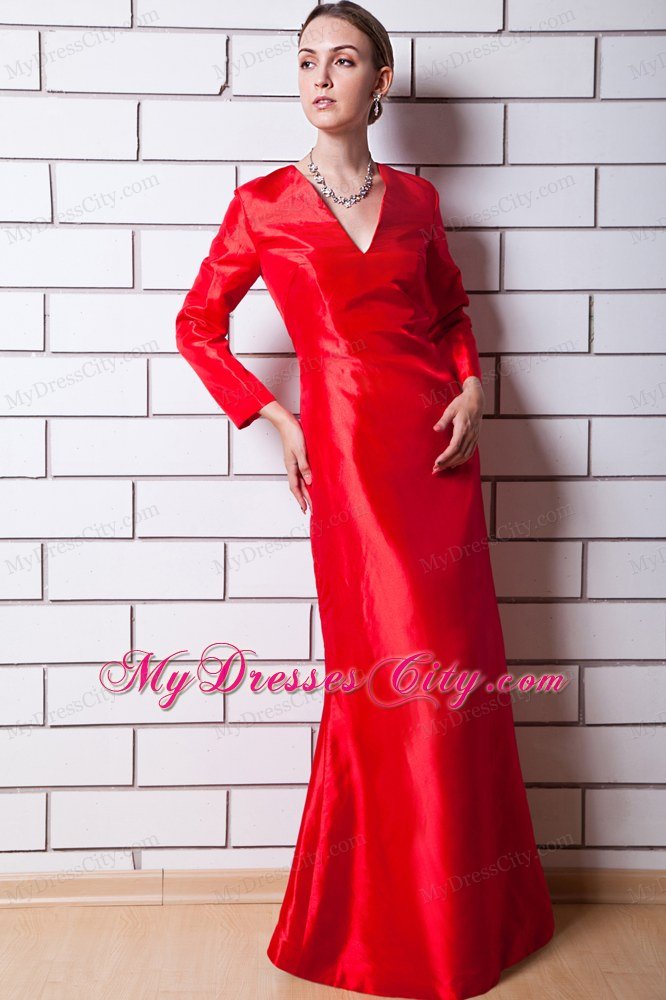 Taffeta V-neck Floor-length Mother Of The Bride Dress with Long Sleeves