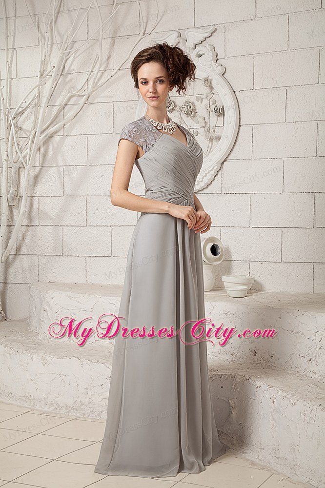 Grey Lace V-neck Cap Sleeves Floor-length Chiffon Mother Dress for Wedding