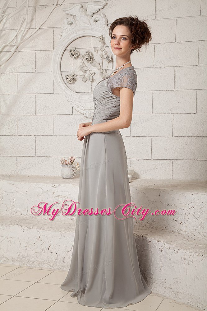 Grey Lace V-neck Cap Sleeves Floor-length Chiffon Mother Dress for Wedding
