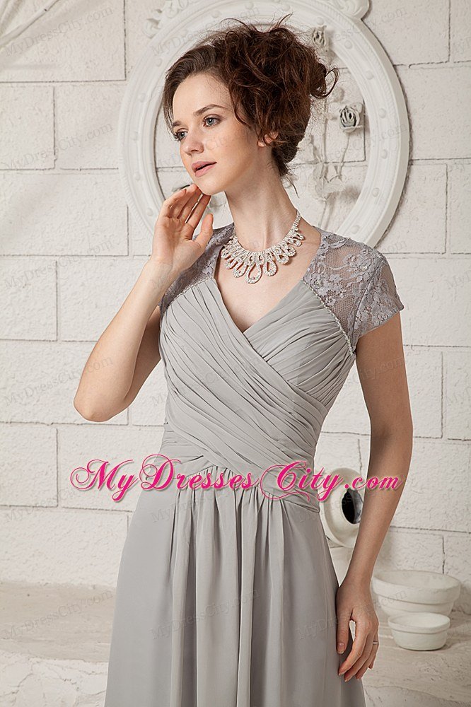 Grey Lace V-neck Cap Sleeves Floor-length Chiffon Mother Dress for Wedding