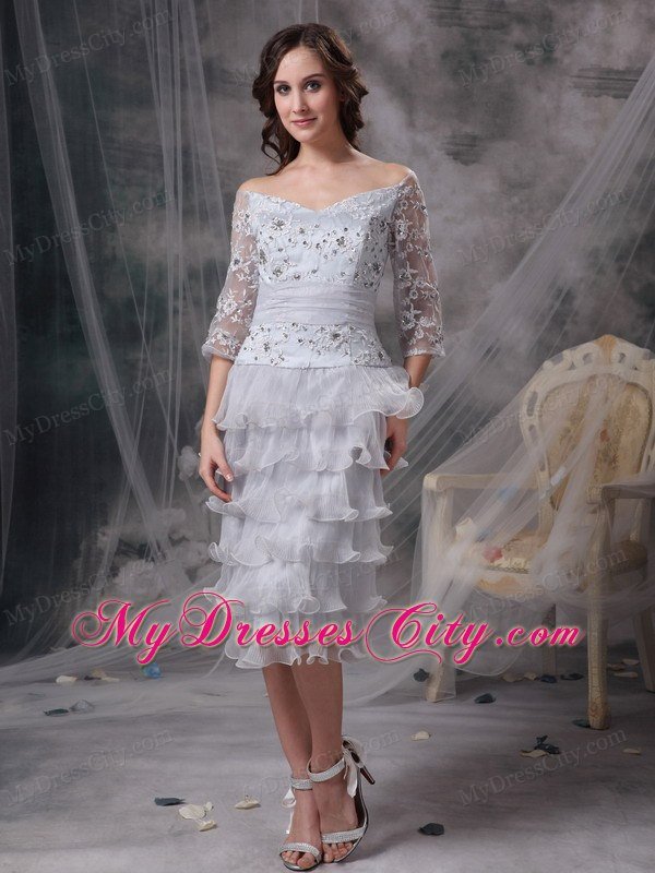 Off The Shoulder Beading Appliques Sleeves Layers Organza Mothers Dresses