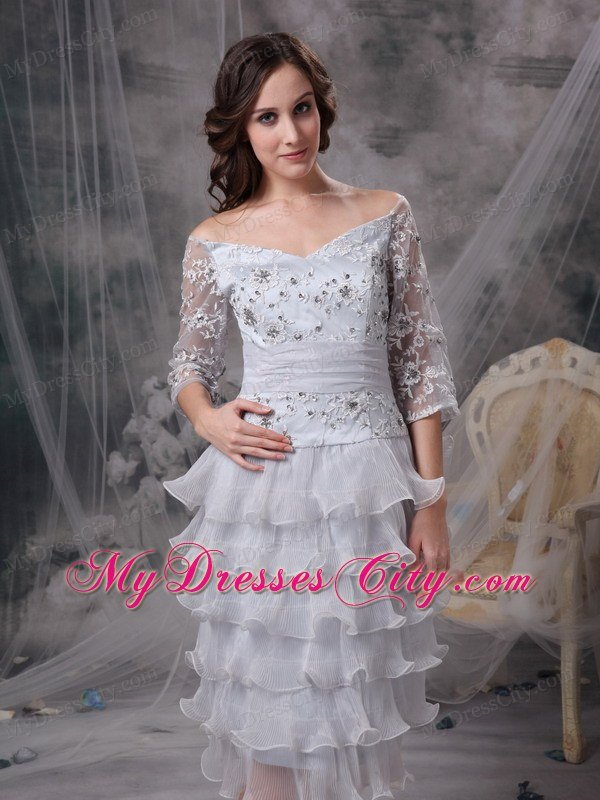 Off The Shoulder Beading Appliques Sleeves Layers Organza Mothers Dresses