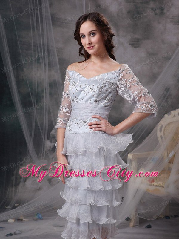 Off The Shoulder Beading Appliques Sleeves Layers Organza Mothers Dresses