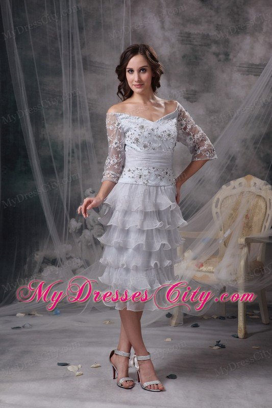 Off The Shoulder Beading Appliques Sleeves Layers Organza Mothers Dresses