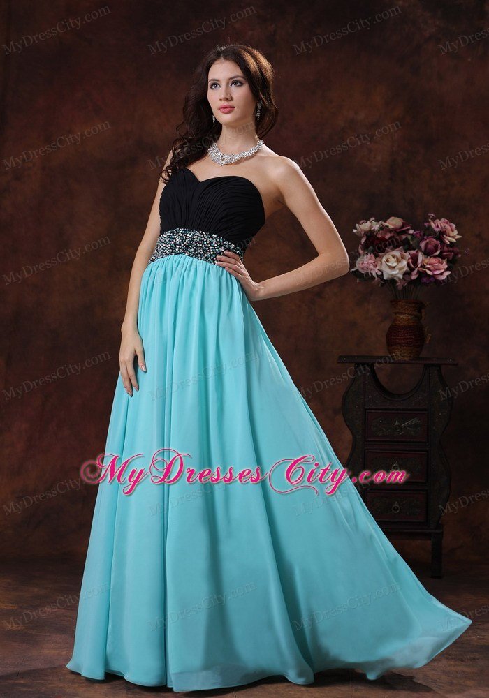 Aqua Blue and Black Beaded Decorate Waist Prom Dress