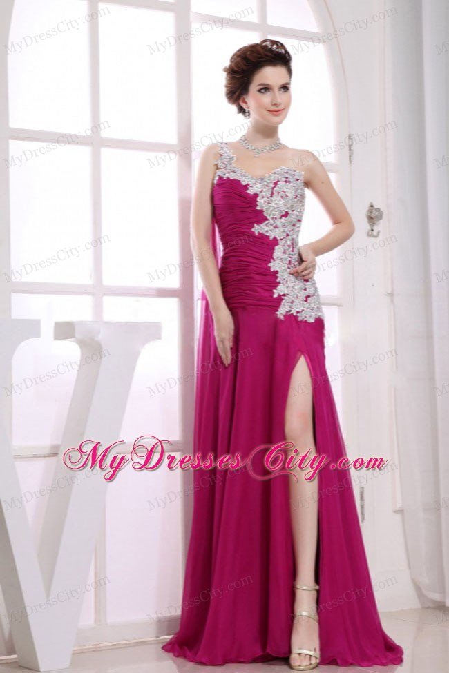 Appliques Chiffon One Shoulder Wine Red Prom Dress with Silt