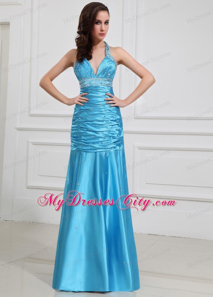 Column Halter Beaded Aqua Blue Prom Formal Dresses for Cheap