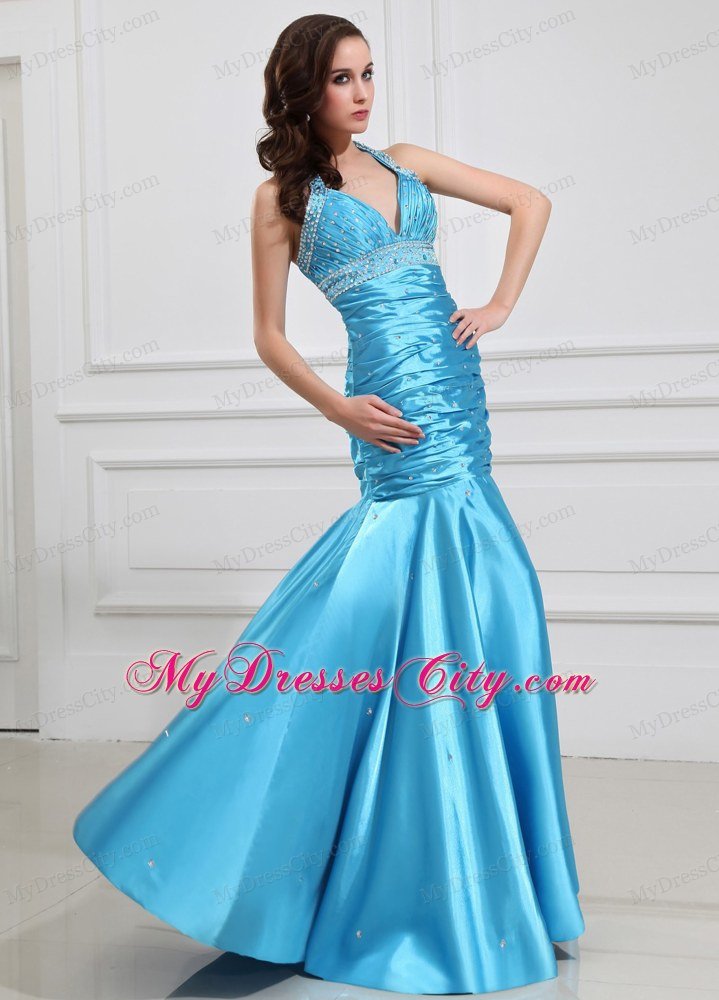 Column Halter Beaded Aqua Blue Prom Formal Dresses for Cheap