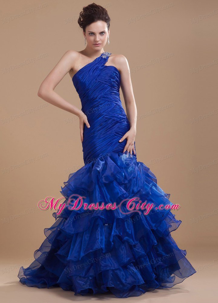 Organza Ruffled Layers Mermaid One Shoulder Royal Blue Prom Dress