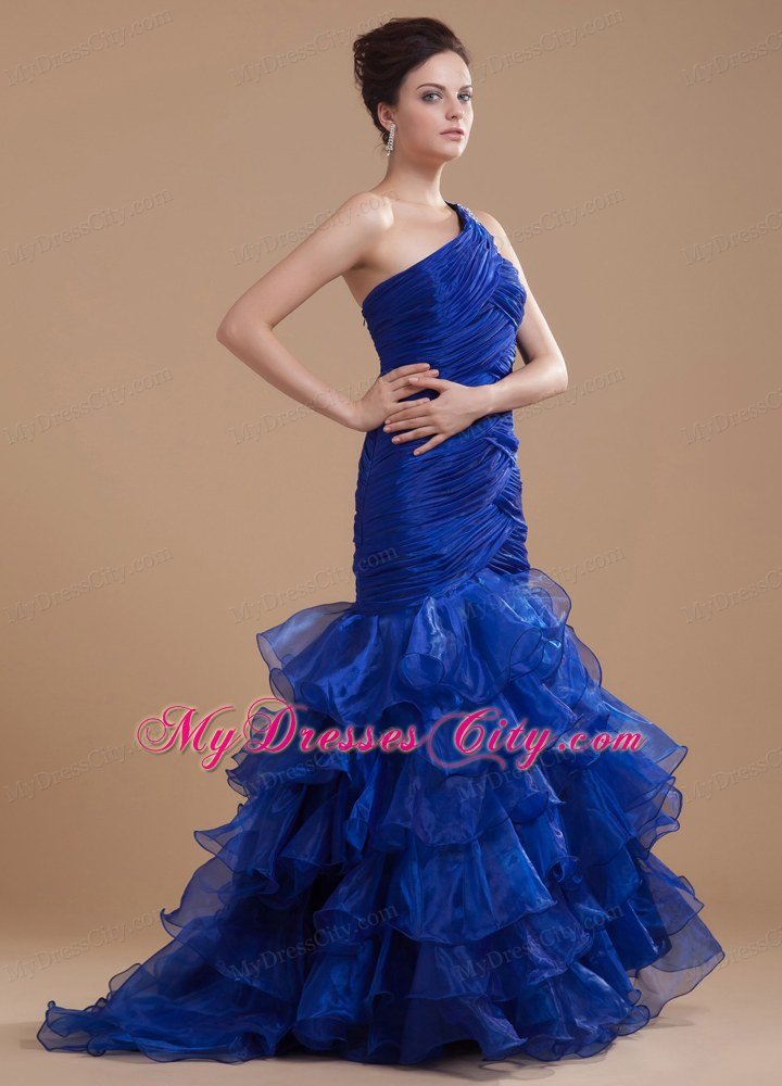 Organza Ruffled Layers Mermaid One Shoulder Royal Blue Prom Dress