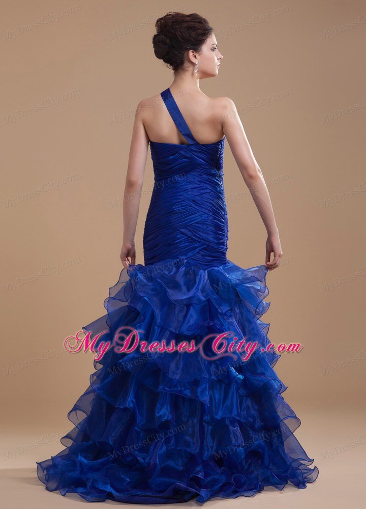 Organza Ruffled Layers Mermaid One Shoulder Royal Blue Prom Dress