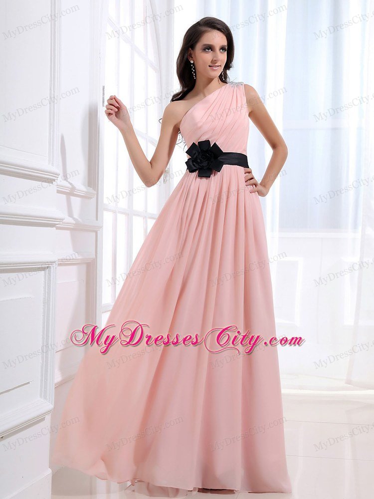 Beaded One Shoulder Baby Pink Prom Dresses with Black Flower Belt