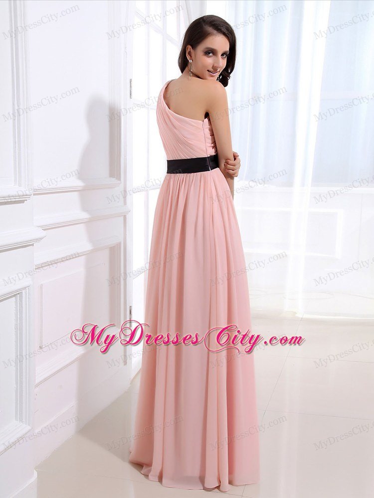 Beaded One Shoulder Baby Pink Prom Dresses with Black Flower Belt