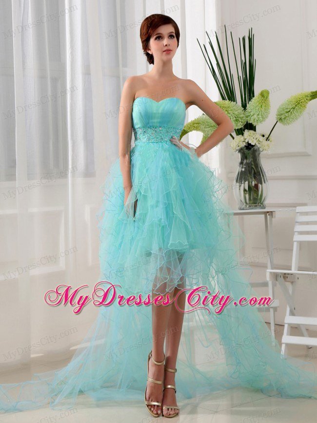 Beaded Mint Colored High-low Prom Party Dresses with Ruffles