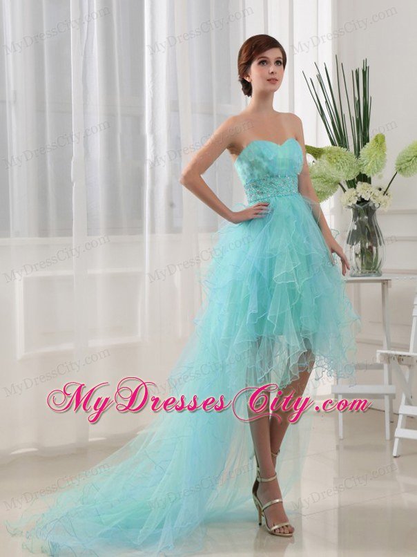 Beaded Mint Colored High-low Prom Party Dresses with Ruffles