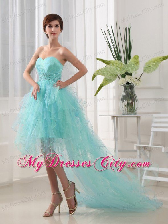 Beaded Mint Colored High-low Prom Party Dresses with Ruffles