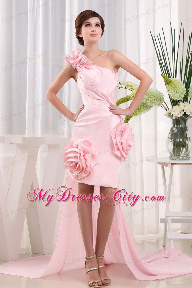 Flowers One Shoulder Baby Pink High-low Prom Celebrity Dress