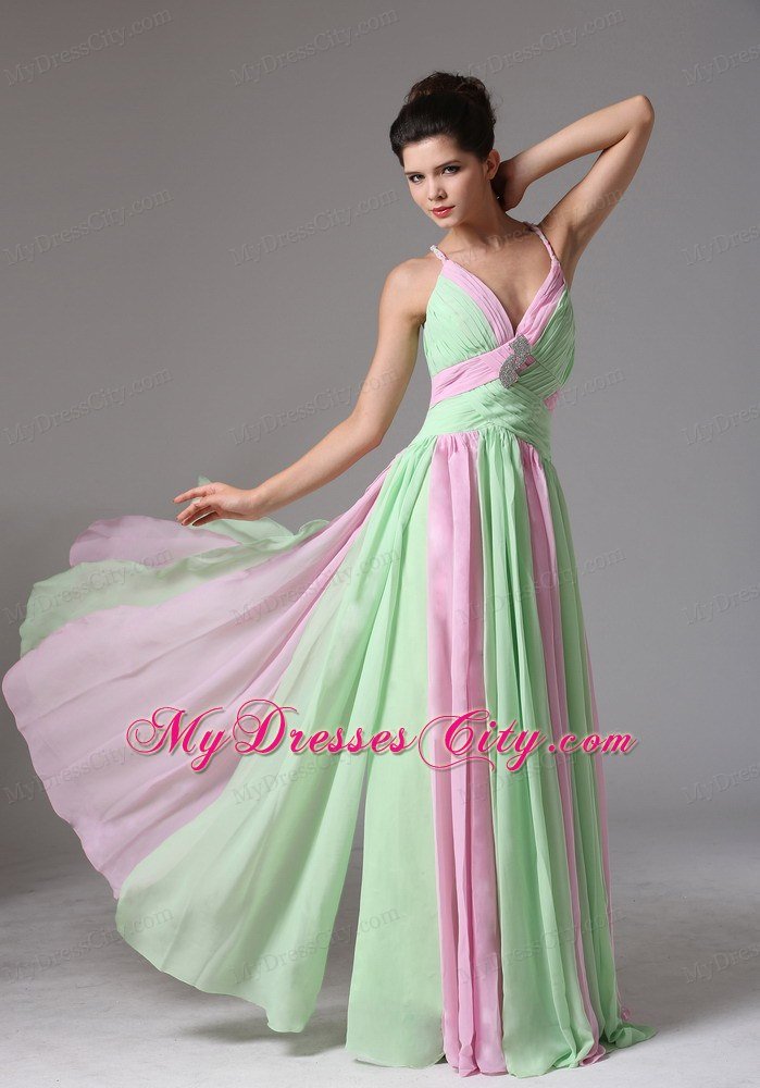Spaghetti Straps Ruching Chiffon Apple Green and Baby Pink Prom Dress