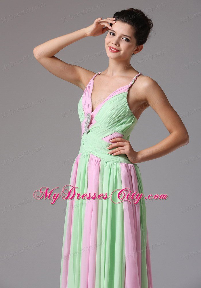 Spaghetti Straps Ruching Chiffon Apple Green and Baby Pink Prom Dress