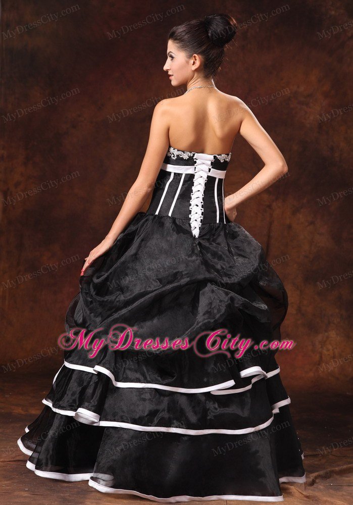 Appliques Strapless Pick Ups Black Prom Gown Dress with White Hem