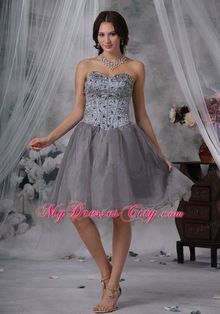 Organza Strapless Beaded Grey Short Prom Dresses with Rhinestones