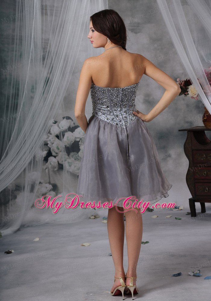 Organza Strapless Beaded Grey Short Prom Dresses with Rhinestones