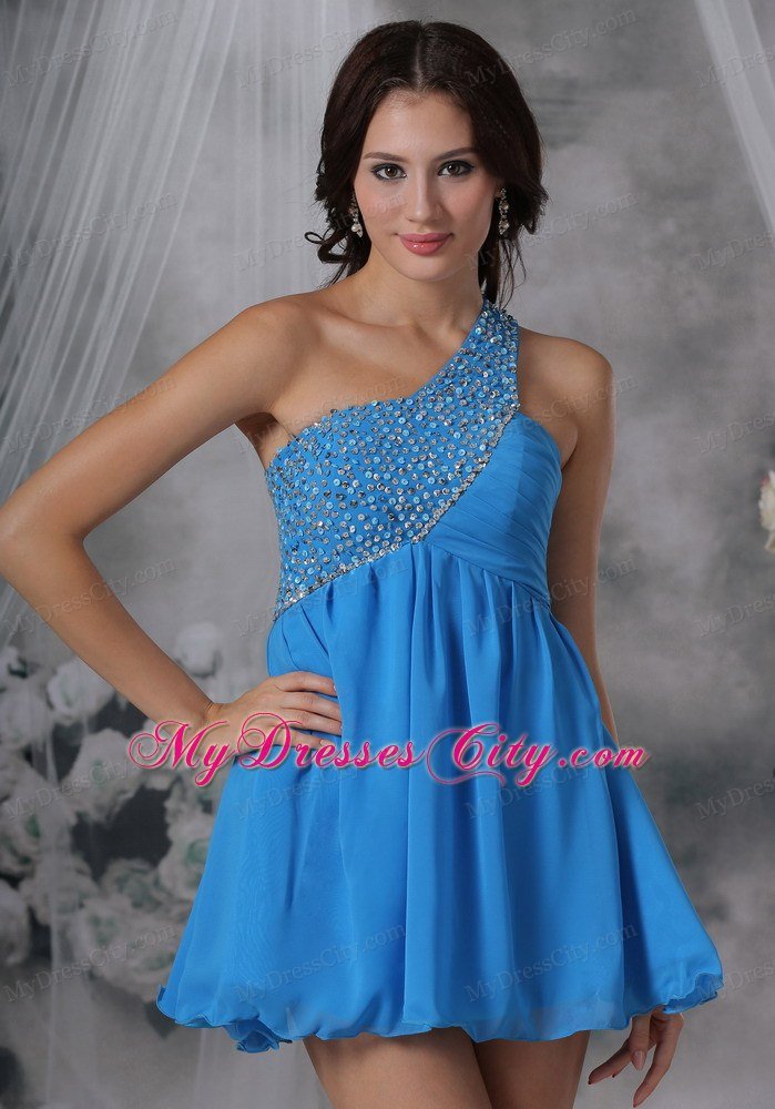 One Shoulder Beaded Chiffon Blue 2013 Short Prom Dresses for Girls