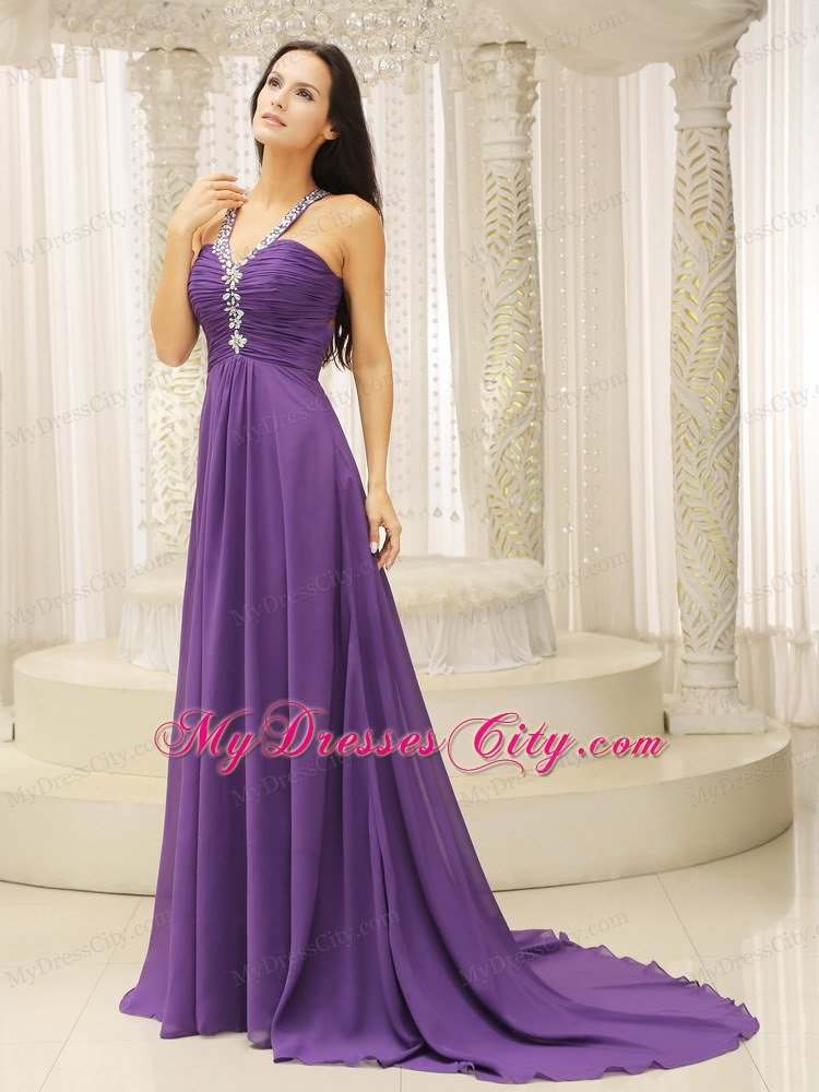 Empire Jeweled Neckline Ruched Purple Prom Dresses with Cool Back