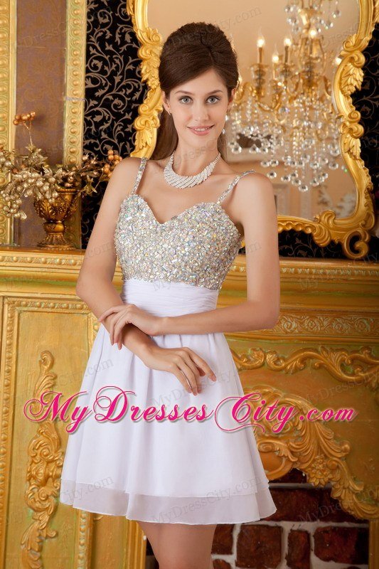 Spaghetti Straps Beaded Mini-length White Short Prom Dresses