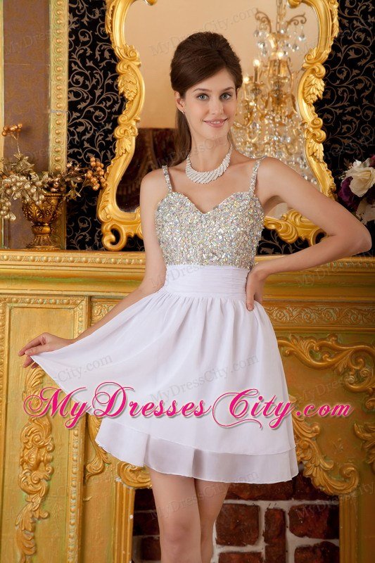 Spaghetti Straps Beaded Mini-length White Short Prom Dresses