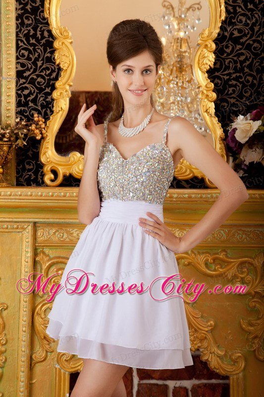 Spaghetti Straps Beaded Mini-length White Short Prom Dresses