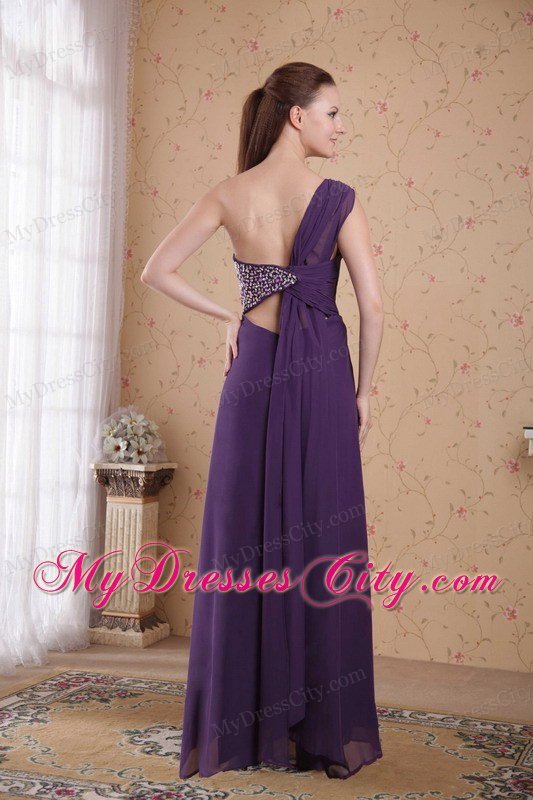 Purple One Shoulder Beaded Ruching Chiffon Prom Dresses