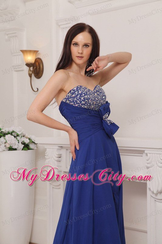 Beaded Brooch Sweetheart Court Train Navy Blue Prom Dresses