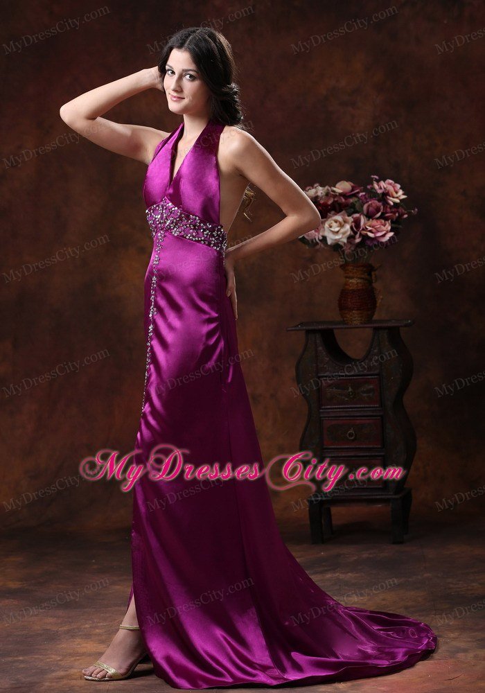 New Style High Slit Beaded Halter Backless Fuchsia Prom Dresses