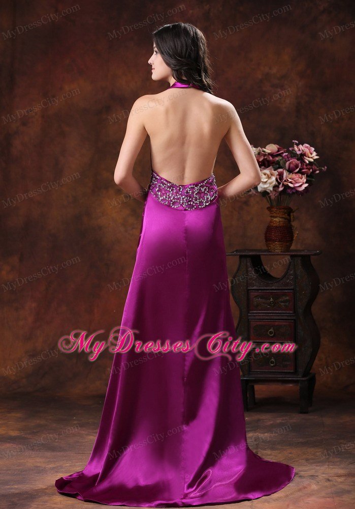 New Style High Slit Beaded Halter Backless Fuchsia Prom Dresses