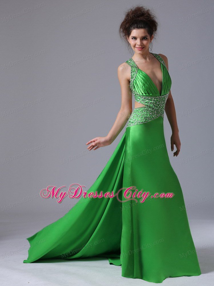 V-neck Watteau Criss Cross Back Prom Dress with Side Cut Out