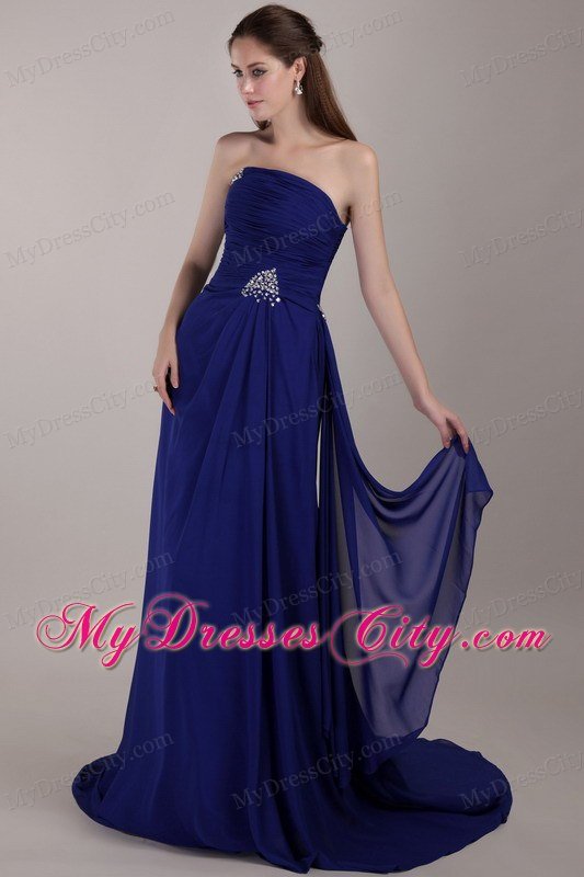 Peacock Blue Strapless Court Train Beading Ruches Dress For Prom