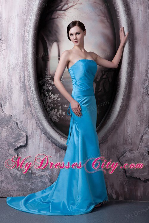 Simple Teal Satin Prom Celebrity Dress Column with Court Train