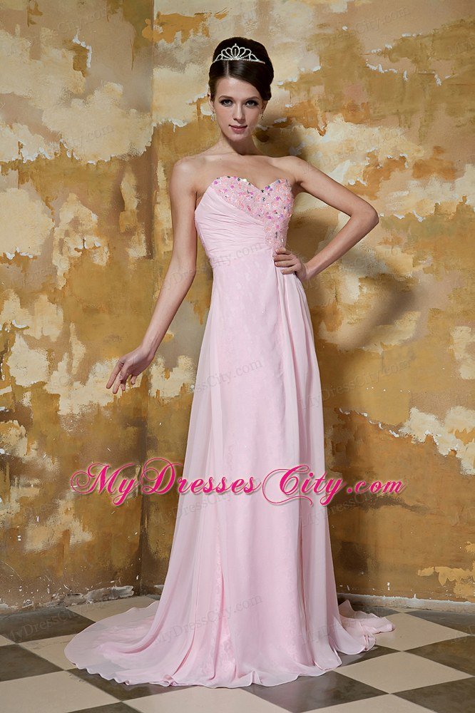 Light Pink Chiffon Beading Prom Dress with Sweetheart Brush Train