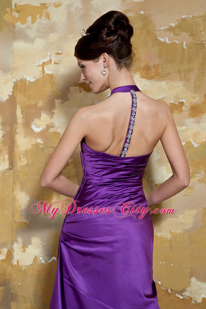 Cheap Purple Column Halter Taffeta Ruches Prom gowns for Girl