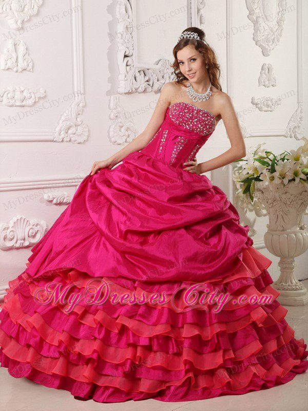 Two-toned Red Strapless Beaded Layers Quinceanera Dress