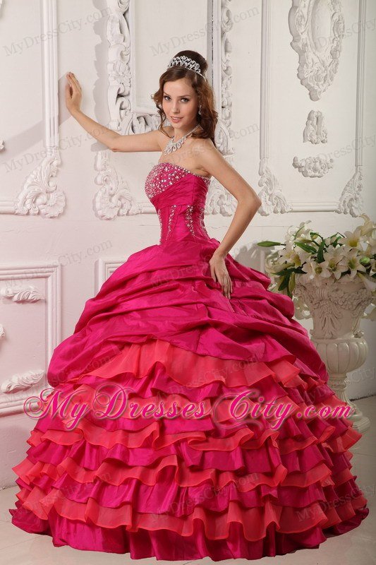 Two-toned Red Strapless Beaded Layers Quinceanera Dress