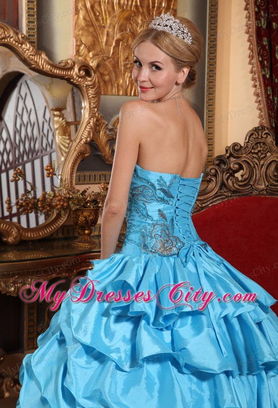 Aqua Blue Strapless Quinceanera Dress with Ruffled Layers