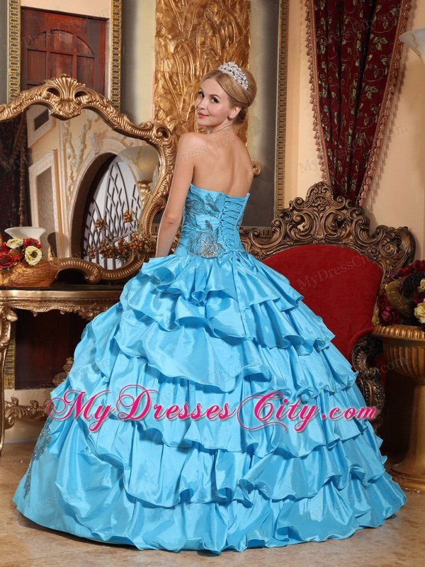 Aqua Blue Strapless Quinceanera Dress with Ruffled Layers
