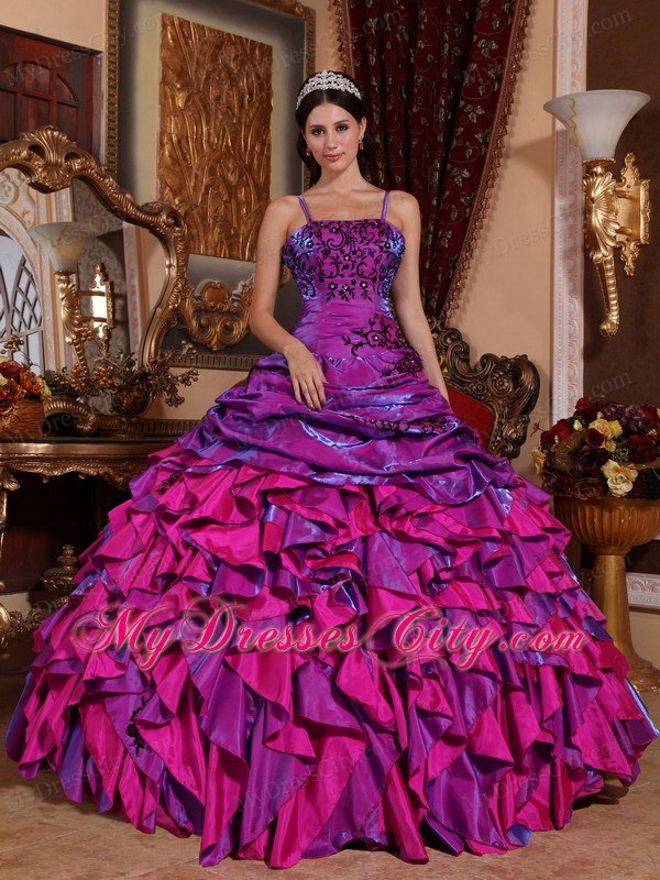 Fuchsia Spaghetti Straps Embroidery Quinceanera Dress