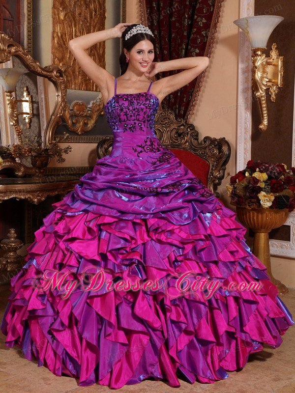 Fuchsia Spaghetti Straps Embroidery Quinceanera Dress